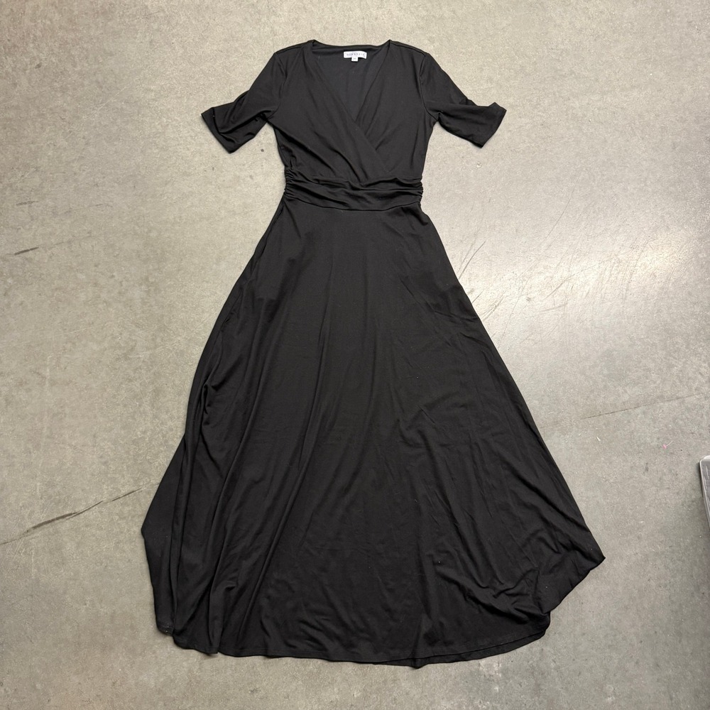 Downeast Black Maxi Dress Short Sleeve Ruched Waist V-Neck Jersey Knit XS